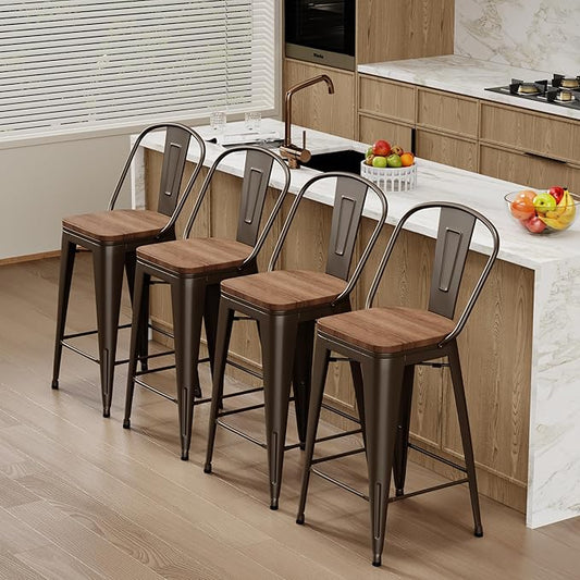 Changjie Furniture 30 Inches Metal Barstools Set of 4 Counter Height Bar Stools Industrial Stools with Backs High Back Chairs for Kitchen Island (30 Inch, Rusty)