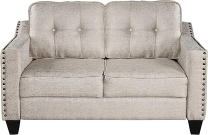 3 Pieses Living Room Sofa Sets Linen Blend Button Tufted Retro Sofa&Couch Include 3 Seaters Couch, Loveseat and Armchair with Waved Armrests and Nailhead Decor for Home Apartment Office