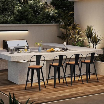 Outdoor Metal Bar Stools Set of 4,24 inch Barstools Counter Height Bar Stool with High Back Farmhouse Kitchen Dining Chairs Bar Funiture for Outside