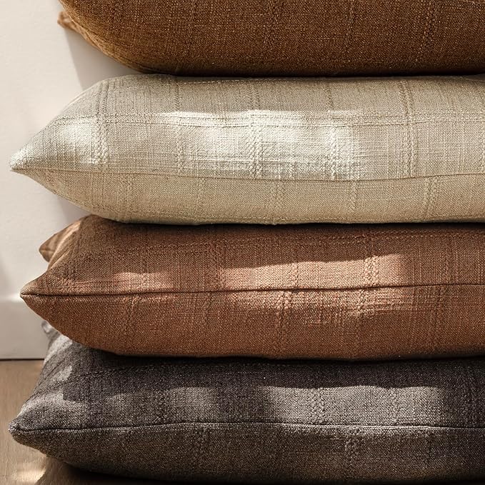 Foindtower Set of 2 Decorative Linen Check Throw Pillow Covers Neutral Farmhouse Vintage Cushion Covers Modern Boho Home Decor for Sofa Chair Couch Bedroom Living Room Outdoor,22×22 Inch,Dark Brown
