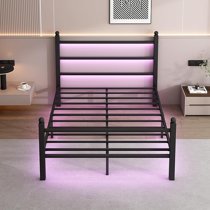 Queen Bed Frame with Headboard and Footboard,Steel Slats Support-LED Bed Frame with USB Charging Station,Mattress Foundation-Under Bed Storage,No Box Spring Needed,Noise Free,Black