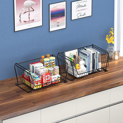 PUSDON 4-Tier Stackable Metal Storage Baskets, Anti-Rust Fruit Vegetable Rack, Dual Use Shelf for Kitchen, Home & Office, Black