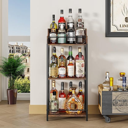 KLM Liquor Bottle Display Shelf, Coffee Syrup Rack Organizer, 3 Step Countertop Wine Rack, Mini Bar, Retro Bar Shelf Stand for Whiskey, Spirits