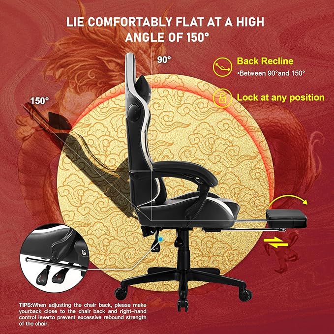 GTPLAYER Gaming Chair with Bluetooth Speakers and Footrest, Dragon Series Video Game Chair, Heavy Duty, Ergonomic, Esports Computer Office Chair, (Blackwhite)