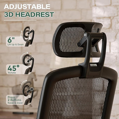 GABRYLLY Ergonomic Office Chair with Footrest, High Back Home Desk Chair - 3D Headrest, Flip-Up Arms, 135° Tilt and Wide Cushion, Heavy Duty Mesh Chairs for Task Computer Gaming,GYB01-FT