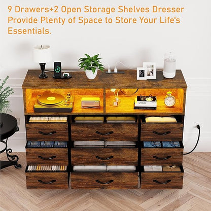 Dresser for Bedroom, 9 Drawers Led Dresser TV Stand with Power Outlets and LED Lights, Long Fabric Dressers Wide Chest of Drawers with Large Organizer for Living Room, Entryway, Hallway