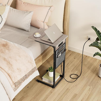 Vagusicc C Shaped End Table with Charging Station, Tall Side Table for Couch, Small Couch Side Table Recliner Tables, Slide Under Sofa Table TV Tray Arm Tables for Living Room, Bedroom, Bedside, Gray