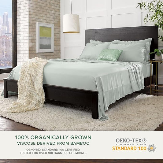 King Sheets by Pure Bamboo, Genuine 100% Organic Viscose Derived from Bamboo Bed Sheet Set, Luxuriously Soft & Cooling, Double Stitching, 2 Year Quality Promise (King, Sea Glass)