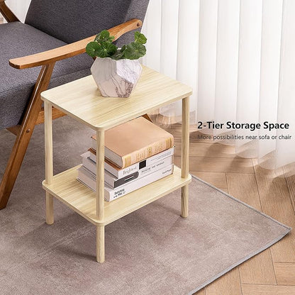 Apicizon 2 Tier End Table, Small Side Table with Solid Wood Legs, Boho Bedside Table with Storage Shelf, Nightstand for Small Spaces, Bedroom, Living Room, Entryway, Easy Assembly, Light Natural