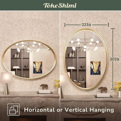 TokeShimi Gold Oval Wall Bathroom Mirror 22x30 Inch with Non-Rusting Aluminum Alloy Brushed Matte Framed Bathroom Mirror for Wall Vanity Farmhouse Modern Minimalist Home Decor or Horizontal