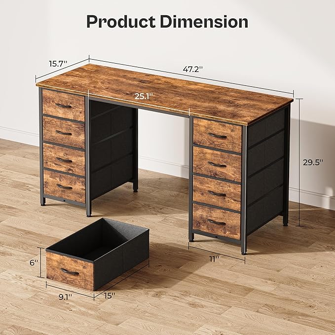 Huuger 47 Inch Computer Desk with 8 Fabric Drawers, Office Desk Work Desk for Home Office, Study, Gaming Desk with Drawers, Large Storage, Rustic Brown