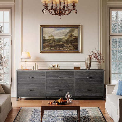 Huuger 63 Inch Long Dresser for Bedroom, TV Stand for 55, 65, 70 Inch TV, 6 Drawer Dresser for Closet with Fabric Drawers, Storage Organizer for Bedroom, Entryway, Charcoal Black Wood Grain Print