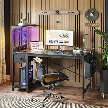 TIQLAB Gaming Desk 55 inch with Power Outlet and LED Light, Computer Desk with Reversible Shelves and Storage Drawer, Small PC Desk for Home Office Table with Bag, Carbon Fiber Black