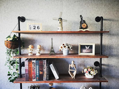 Industrial Ladder Shelves, Wall Mounted Rustic Bookshelf, Retro Wood Metal Pipe Industrial Shelves (Weathered Brown, 5 Tier - 10" D x 48" W x 70" H)