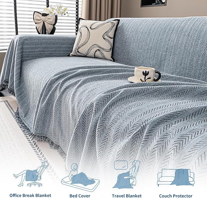 Nobildonna Sofa Cover Washable Soft Thicken Chenille Couch Cover with Tassel,Waterproof Sofa Slipcover for 2-3 Cushion Couch,Sectional Sofa,L-Shaped Furniture Protector Pet-Friendly,Dusty Blue71 x118