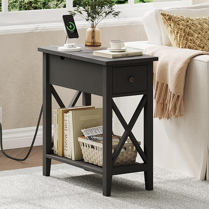 ChooChoo End Table with Charging Station, Narrow Side Table with USB Ports and Outlets, Nightstand with Drawer, for Small Spaces, Bedside Tables for Living Room Black