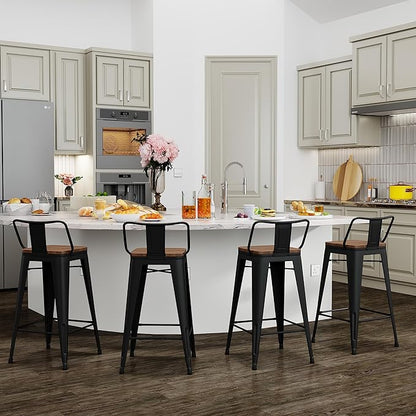 Yongchuang 26 inch Bar Stools Set of 4 Kitchen Counter Height Barstools with Wood Seat Metal Low Back Bar Chairs Matte Black