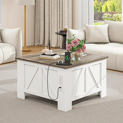 YITAHOME Farmhouse Lift Top Coffee Table with Storage, Wood Square Center Table with Charging Station & USB Ports and Hidden Compartment Coffee Tables for Living Room Bedroom, Home Office, White