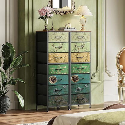 WLIVE Tall Dresser for Bedroom, 7 Drawer Dressers & Chests of Drawers, Fabric Dresser for Closet, Living Room, Night Stand with Metal Frame, Storage Tower with Fabric Bins, Wood Top, Floral Painted