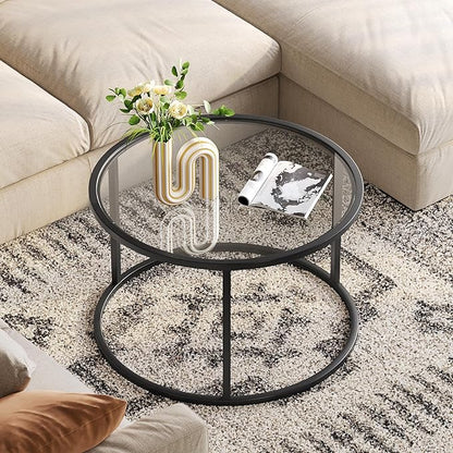 SAYGOER Round Coffee Table Glass Small Coffee Tables for Living Room, 27.6 inch Modern Center Table for Office Apartment, 5 MM Tempered Clear Glass Top, Black Metal Frame