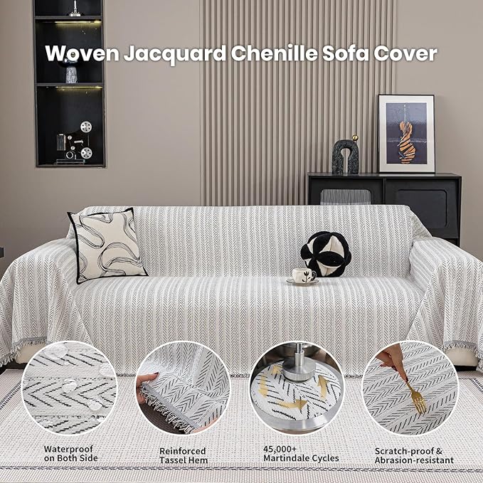 Nobildonna Sofa Cover Washable Soft Thicken Chenille Couch Cover with Tassel,Waterproof Sofa Slipcover for 2-3 Cushion Couch,Sectional Sofa,L-Shaped Furniture Protector Pet-Friendly,Beige 71"x118"