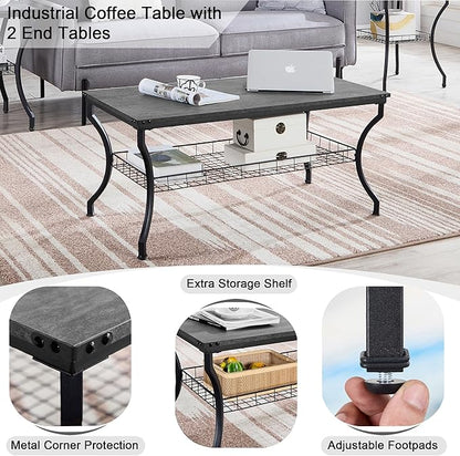 VECELO 3 Pieces Living Room Table Sets, Coffee and End Tables with Open Storage Shelves for Apartment, Home Office, Small Space, Easy Assembly, Dark Grey