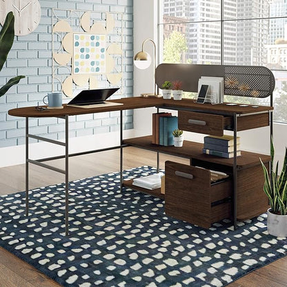 Sauder Radial Modern Metal and Wood L-Shaped Desk, Umber Wood Finish