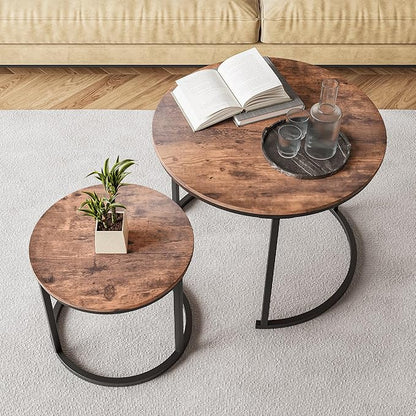 Small Coffee Table Living Room, Black Round Coffee Table Nesting Table Set of 2,Metal Frame with Wood Sofa Table,Sturdy and Easy Assembly,Stacking Side Table for Bedroom,Office,Balcony