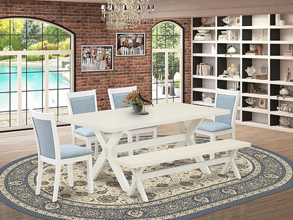 East West Furniture X027MZ015-6 6 Piece Kitchen Table Set Contains a Rectangle Dining Table with X-Legs and 4 Baby Blue Linen Fabric Parson Chairs with a Bench, 40x72 Inch, Multi-Color