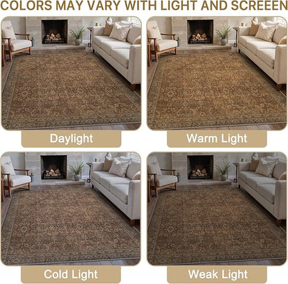 10X14 Area Rugs Machine Washable Rugs for Living Room, Vintage Boho Large Rugs for Bedroom Dining Room, Non Slip Indoor Soft Distressed Lightweight Thin Low Pile Carpet, Rustic Brown