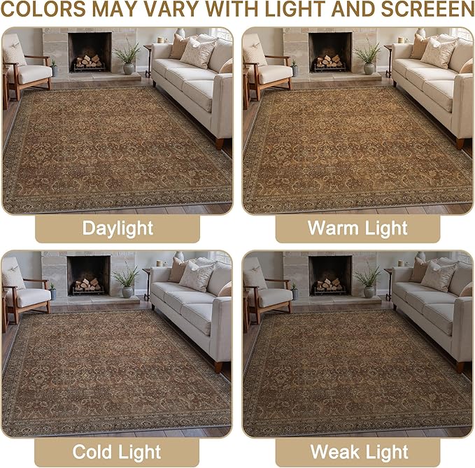 6X9 Area Rugs Machine Washable Rugs for Living Room, Vintage Boho Large Rugs for Bedroom Dining Room, Non Slip Indoor Soft Distressed Lightweight Thin Low Pile Carpet, Rustic Brown