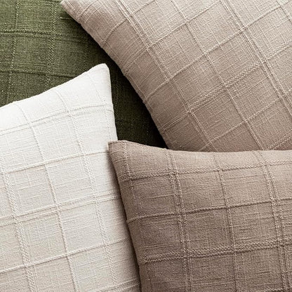 Foindtower Set of 2 Decorative Linen Check Throw Pillow Covers Neutral Farmhouse Vintage Cushion Covers Modern Boho Home Decor for Sofa Chair Couch Bedroom Living Room Outdoor,22×22 Inch,Tan Taupe