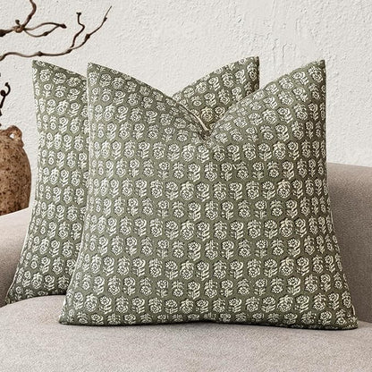 Foindtower Set of 2 Decorative Vintage Floral Print Throw Pillow Covers Neutral Modern Farmhouse Cushion Covers Boho Home Decor for Sofa Couch Chair Bedroom Living Room Outdoor,24×24 Inch,Sage Green