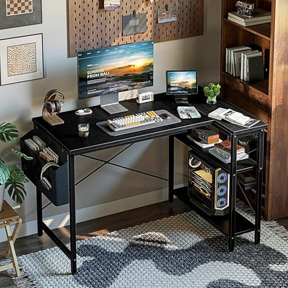 L Shaped Computer Desk with Reversible Shelves, 40 Inch Small Corner Desk with Storage Bag, Gaming Desk Computer Table Study Writing Table for Home Office Bedroom Small Space, Black
