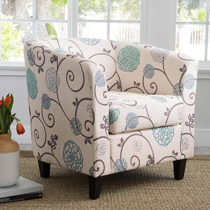 Ball & Cast Upholstered Arm Chair,Classic American Style Flower Design Fabric Dining Chair,Comfy Farmhouse Accent Chair with Padded Seat and Backrest for Living Room Kitchen,White+Blue