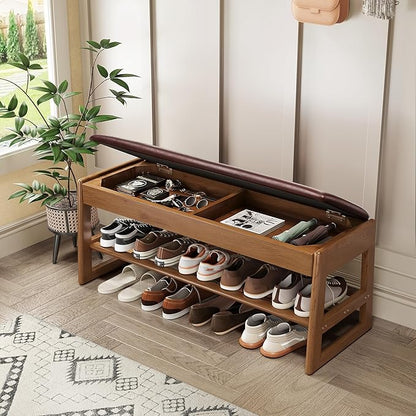 Shoe Rack Bench Seat Rubberwood 2-Tier Wooden Storage Bench 550lbs Compact Mid-Century Modern Design for Entryway, Hallway, Closet, Front Door Entrance, Foyer