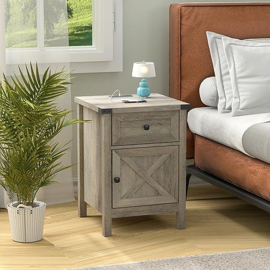 Rustic Nightstand with Charging Station, Night Stand with Barn Door and Drawer, Storage Bedroom Living Room Bedside Table Farmhouse End Table Industrial Bedside Table with USB Ports and Outlets，Grey