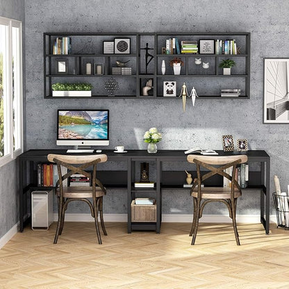 Tribesigns Two Person Desk with Bookshelf, 78.7 Computer Office Double Desk for Two Person, Rustic Writing Desk Workstation with Shelf for Home Office (Black)