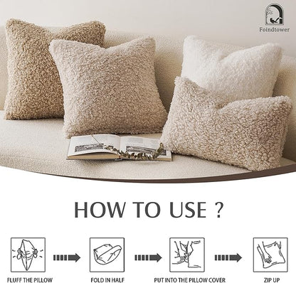 Foindtower 2 Pieces Faux Fur Throw Pillow Cover Decorative Sherpa Pillow Fuzzy Accent Pillowcases Soft Sheepskin Fleece Cushion Case for Bed Couch Living Room 18x18 Inch Oatmeal