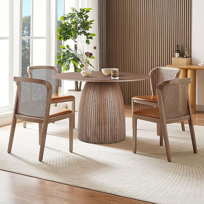 Modern Wooden Mushroom-Shape Round Dining Table, Home Kitchen Furniture Diningtable Natural Wood Grain Variation Tabletop and Circular Leg for Living Space