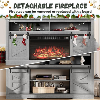 YESHOMY Fireplace TV Stand for Television up to 65+ Inch with Storage and Farmhouse Sliding Barn Doors, Entertainment Center with Cabinet and Shelves, Media Console for Living Room, Gray