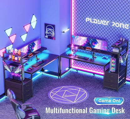PRAISUN 61.7" Gaming Desk with LED Lights & Outlets, Computer Desk with 3 Fabric Drawers, PC Desk with PC Case Stand & Movable Storage Shelves, Monitor Stand, Reversible, Carbon Fiber Black
