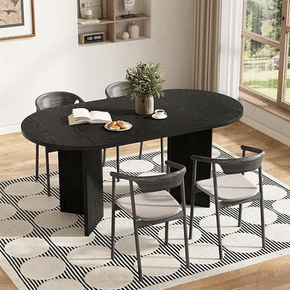 LITTLE TREE 63" Rustic Oval Dining Table for 4-6, Sturdy MDF Farmhouse Kitchen Table with Metal Strip Base, for Living Room, Office, Restaurant, Multi-Use, Black