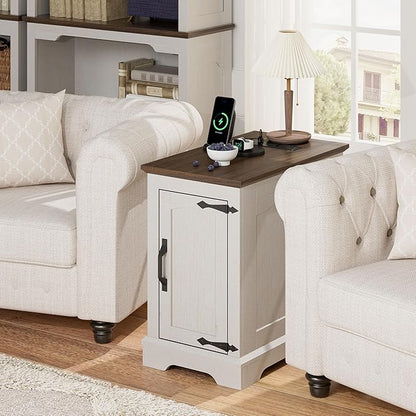 End Tables Set of 2 with Charging Station,13.8" W Narrow Side Table with Storage for Sofa Couch or Bed Side with Outlets & USB Ports, Farmhouse Wooden Nightstand for Bedroom Livingroom