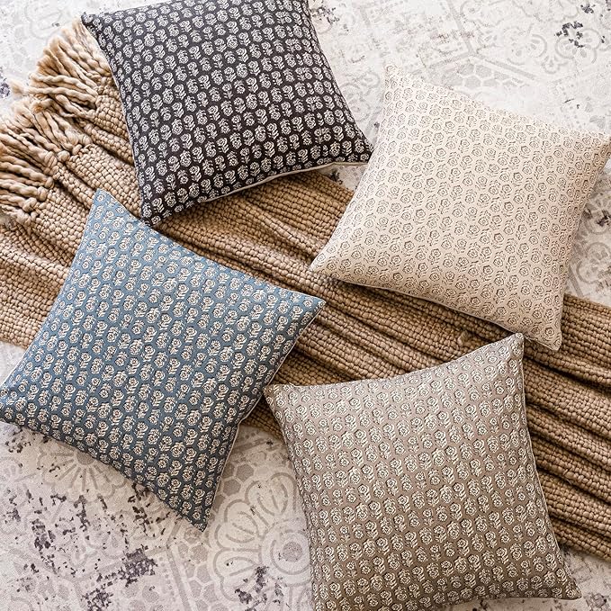 Foindtower Set of 2 Decorative Neutral Floral Print Throw Pillow Covers Vintage Accent Farmhouse Cushion Covers Boho Home Decor for Sofa Couch Chair Bedroom Living Room Outdoor,22×22 Inch,Dusty Blue