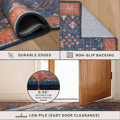 Navy Blue Washable Hallway Runner Rug 2x10 Non Slip Rugs for Kitchen, Mudroom, Bathroom, Hall Way - 10 ft Long Dark Boho Geometric Decor, Fade & Stain Resistance
