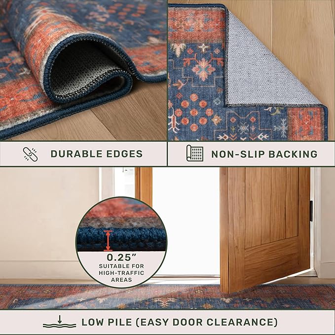 Washable 2x3 Entry Rug Front Door Indoor, Farmhouse Small Area Rugs for Kitchen, Bathroom, Entrance, Non Slip Rubber Backed, Perfect for Boho Décor (2x3 Navy Blue)