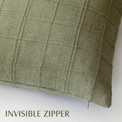 Foindtower Set of 2 Decorative Linen Check Throw Pillow Covers Neutral Farmhouse Vintage Cushion Covers Modern Boho Home Decor for Sofa Chair Couch Bedroom Living Room Outdoor,24×24 Inch,Sage Green