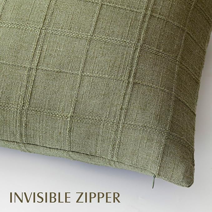 Foindtower Set of 2 Decorative Linen Check Throw Pillow Covers Neutral Farmhouse Lumbar Cushion Covers Modern Boho Home Decor for Sofa Chair Couch Bedroom Living Room Outdoor,12×20 Inch,Sage Green
