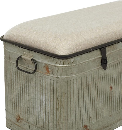 Deco 79 Metal Room Storage Bench Galvanized Entryway Bench with Cream Burlap Top and Black Latches, Bench 38" x 16" x 19", Gray